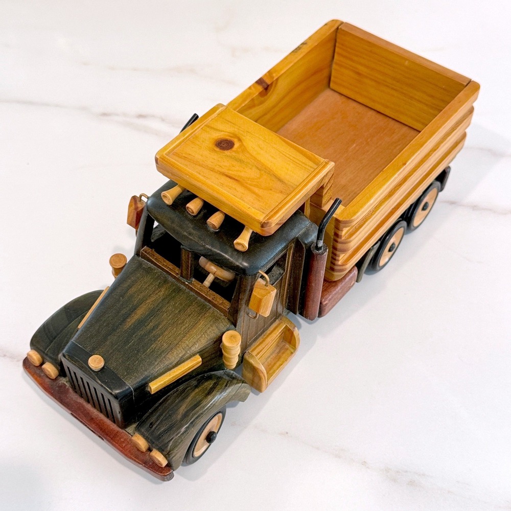 Vintage Handmade Wooden Dump Truck Toy Multi-Tonal Brown Handcrafted Decor 12.5"